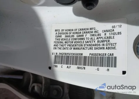 2012 Honda Civic Hf из США, поврежденный, VIN 2HGFB2F67CH550308